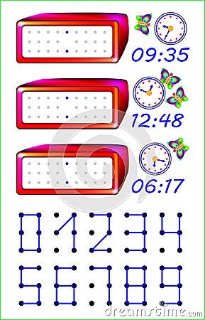 Educational page for young children. Need to join the points with straight lines and write the correct time on the watches. Vector Illustration