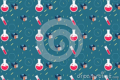 Educational pattern decoration with test tubes and book icons. Study backdrop and book cover seamless pattern design. Science Vector Illustration
