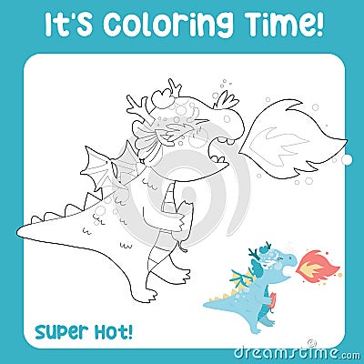 Coloring page the cute and adorable baby dragon eating spicy chili Vector Illustration