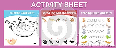 3 in 1 Activity kit animals edition for preschool and kindergarten kids. Vector Illustration