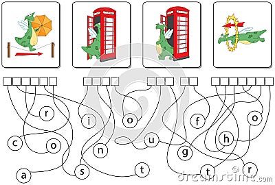 Educational puzzle game with dragon. Find the hidden words Vector Illustration