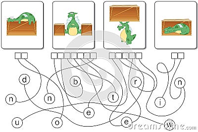 Educational puzzle game with dragon. Find the hidden words Vector Illustration