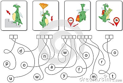 Educational puzzle game with dragon. Find the hidden words Vector Illustration