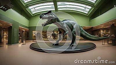An educational scene with a dinosaur sculpture in a museum. The sculpture is large and green, Stock Photo