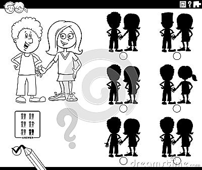educational shadows task with girl and boy coloring page Vector Illustration