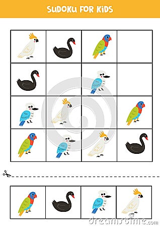 Educational Sudoku game with cute Australian birds Vector Illustration