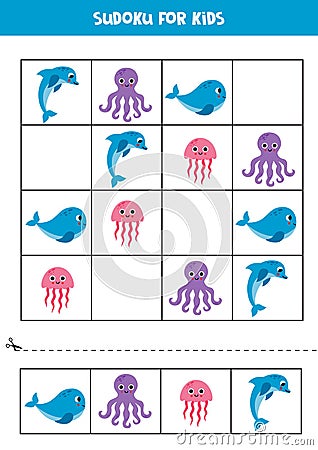 Educational sudoku game with cute sea animals Vector Illustration