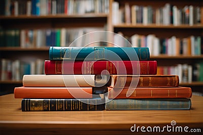 Educational tableau stacked books, blurred library bookshelves, study ambiance Stock Photo