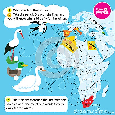 Educational task for children. Name birds in picture. Following dotted line you will know what countries birds fly away Vector Illustration