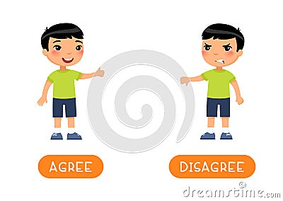 Educational word card with opposites. Antonyms concept, AGREE and DESAGREE. Vector Illustration