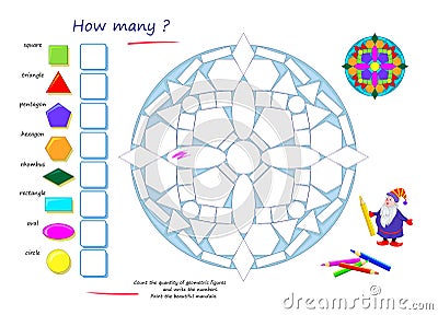 Educational worksheet for kids. Count the quantity of geometric figures and write numbers. Paint the beautiful mandala. Coloring Vector Illustration