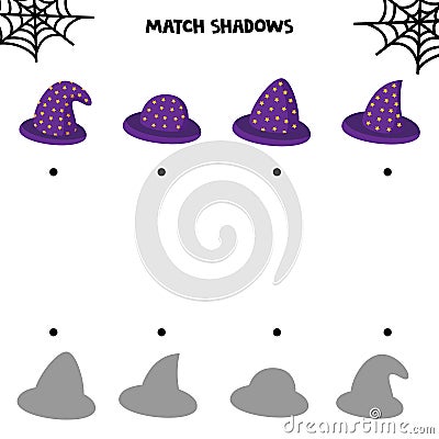 Educational worksheet for kids. Halloween games. Match shadows Vector Illustration