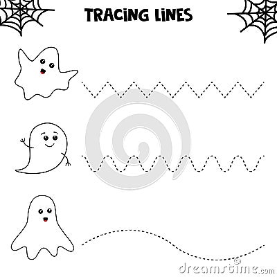 Educational worksheet for kids. Halloween games, tracing lines with ghosts. Handwriting practice Vector Illustration