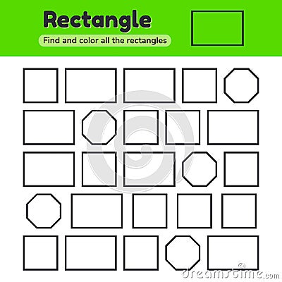 Educational worksheet for kids kindergarten, preschool and school age. Geometric shapes. Rectangle, square, octagon Vector Illustration