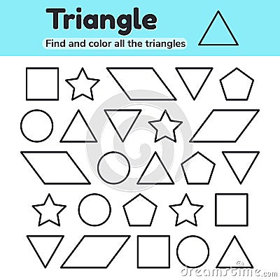 Educational worksheet for kids kindergarten, preschool and school age. Geometric shapes. Triangle, star, circle Vector Illustration