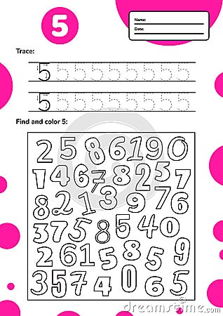Educational worksheet for preschool and school kids. Number game for children. Trace, find and color five. Cartoon Illustration