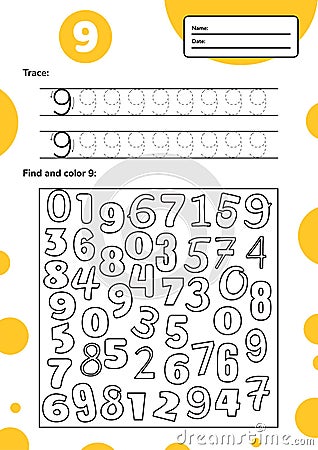 Educational worksheet for preschool and school kids. Number game for children. Trace, find and color nine Stock Photo