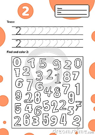 Educational worksheet for preschool and school kids. Number game for children. Trace, find and color two. Cartoon Illustration