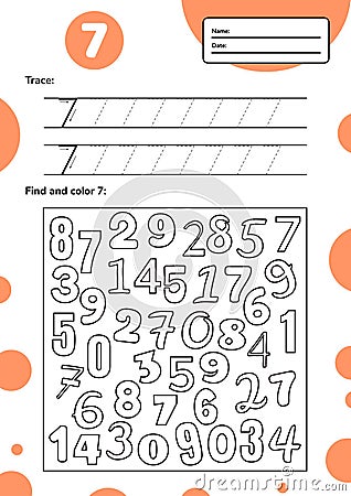 Educational worksheet for preschool and school kids. Number game for children. Trace, fing and color seven. Stock Photo