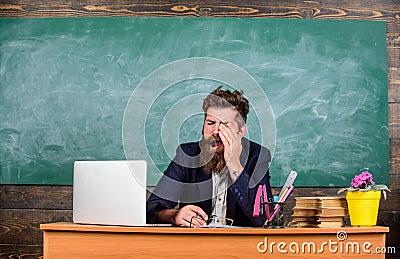 Educator bearded man yawning face tired at work. Educators more stressed at work than average people. Life of teacher Stock Photo