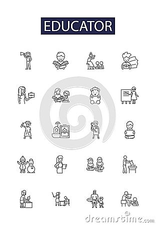 Educator line vector icons and signs. Coach, Leader, Mentor, Facilitator, Instructor, Tutor, Lecturer, Guide outline Vector Illustration