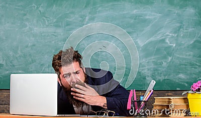 Educators more stressed at work than average people. Life of teacher full of stress. Educator bearded man yawning face Stock Photo