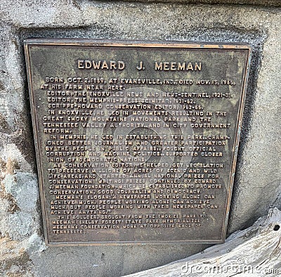 Edward J. Meeman Inscription Plaque at Meeman-Shelby Forest State Park Office, Memphis, TN Editorial Stock Photo