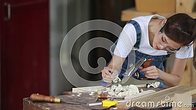 Een vrouwelijke timmerman plant en poetst het hout met zandpapier. en het begrip vakmanschap. moderne tools voor technici stock videobeelden Een vrouwelijke timmerman plant en poetst het hout met zandpapier. en het begrip vakmanschap. moderne tools voor technici stock videobeelden