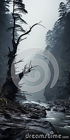 Eerie Beauty: A Surreal Mountain Landscape Shrouded In Mist Stock Photo