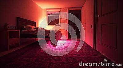 Eerie bedroom filled with dim red light. Poltergeist activity making the bed float. Generative AI Stock Photo