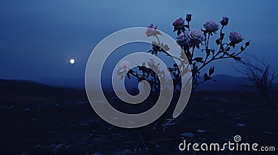 Eerie Dreamscapes: Romantic Moonlit Seascapes With Flowers On A Flat Hillside Stock Photo