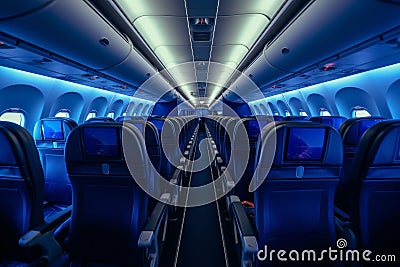 Eerie Empty aircraft blue interior light. Generate Ai Stock Photo