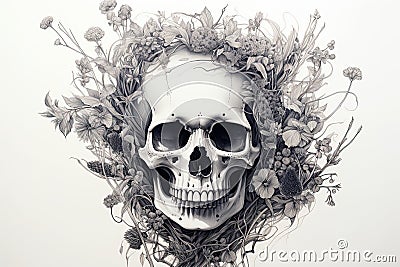 Eerie Floral Anatomy Skull Line Drawing Art Generative AI Stock Photo