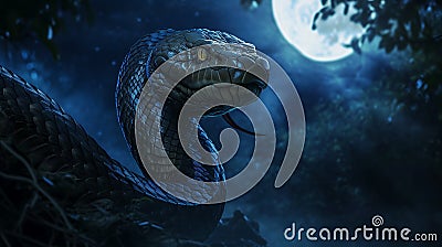 In the eerie glow of a moonlit night, a massive, enraged cobra serpent looms large, its scales reflecting the pale light with an Stock Photo