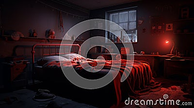 Eerie Halloween Bedroom with Sinister Red Lighting for a Spooky Night Stock Photo