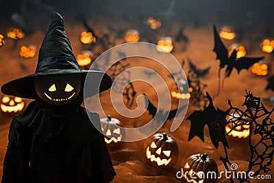 Eerie Halloween night Wide field, moon, pumpkin scarecrow, and chills Stock Photo