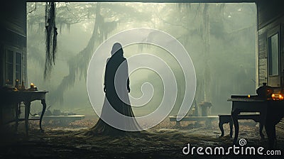 Silhouette if a haunting ghostly female figure amidst of a foggy Southern Plantation antebellum mansion on Halloween night - Stock Photo