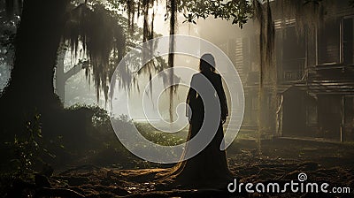 Melancholy haunting ghostly female figure walking in front of a foggy Southern Plantation antebellum mansion on Halloween night - Stock Photo