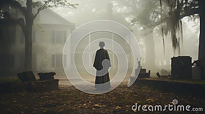 Sad haunting ghostly figure walking in front of a foggy Southern Plantation antebellum mansion on Halloween night - Stock Photo