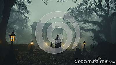 Woman figure walking in front of a foggy Southern Plantation antebellum mansion on Halloween night - Stock Photo