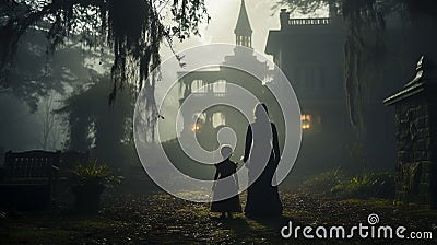 Silhouetted female and child figures walking in front of a foggy Southern Plantation antebellum mansion on Stock Photo
