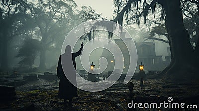 Eerie haunting ghostly silhouetted figure pointing and standing in front of a foggy Southern Plantation antebellum mansion on Stock Photo