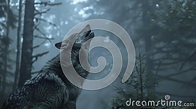 The eerie howls of wolves and other nocturnal creatures can be heard echoing through the dark misty forest. Stock Photo