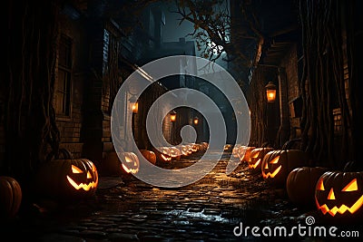 Eerie JackoLantern Alley Alley lined with eerie Stock Photo