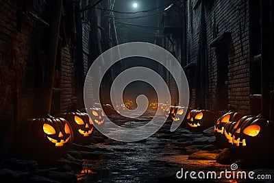 Eerie JackoLantern Alley Alley lined with eerie Stock Photo