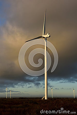 Eerie looking wind turbine in early morning light Stock Photo