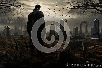 Eerie Man graveyard night. Generate Ai Stock Photo