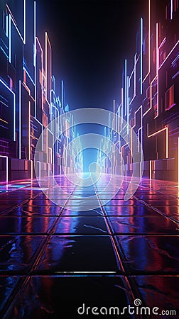 Eerie neon-lit passage extends ahead, culminating in a radiant square of brilliance. Stock Photo