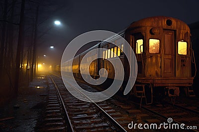 eerie night shot of rusting train carriages Stock Photo