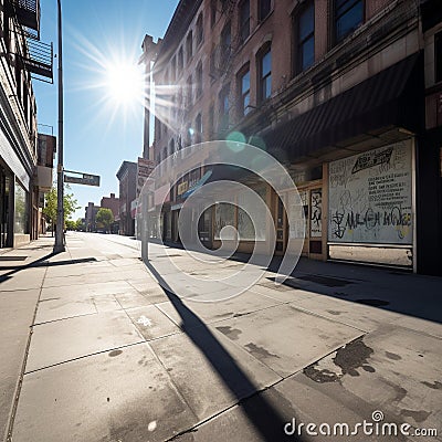 Abandoned City Street with Closed Storefronts Stock Photo